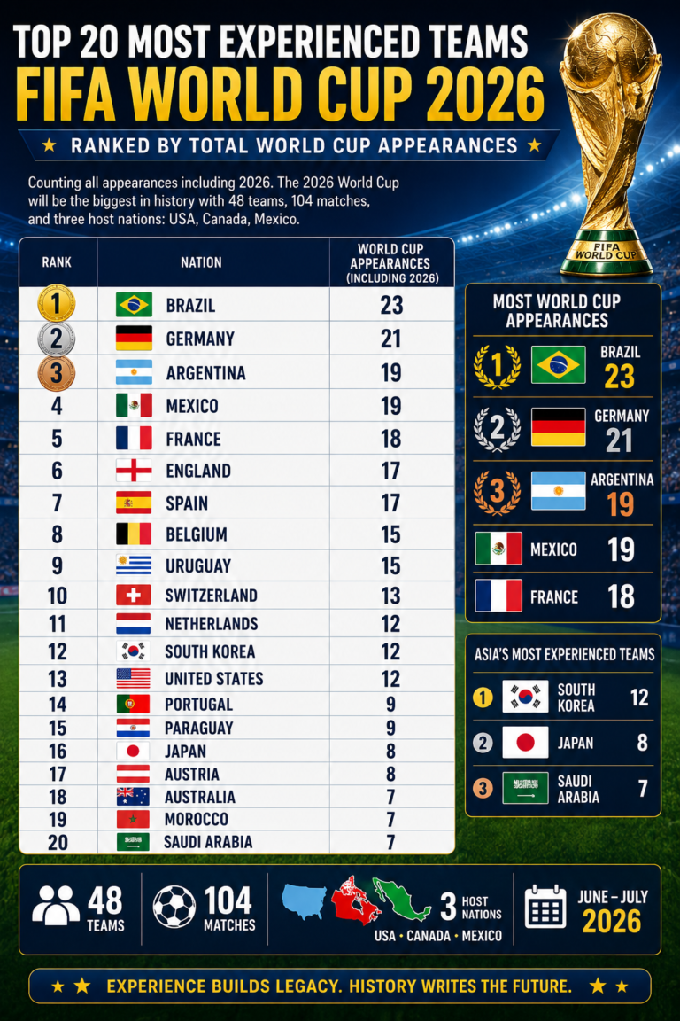 TOP 20 MOST EXPERIENCED TEAMS FIFA WORLD CUP 2026