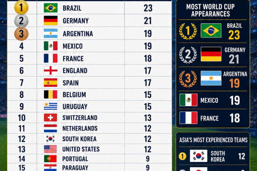 TOP 20 MOST EXPERIENCED TEAMS FIFA WORLD CUP 2026