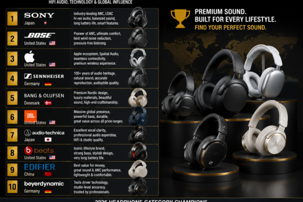 Top 10 Headphone Brands in the World 2026 ranking infographic
