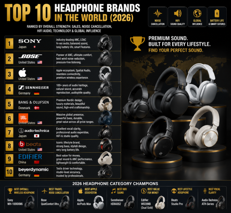 Top 10 Headphone Brands in the World 2026 ranking infographic