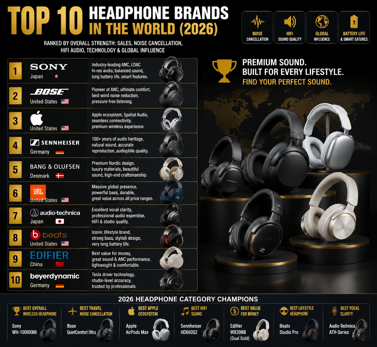 Top 10 Headphone Brands in the World 2026 ranking infographic