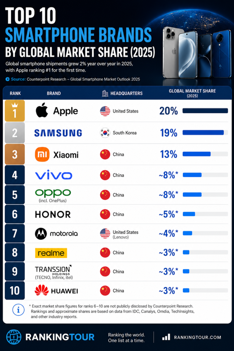 Top 10 Smartphone Brands by Global Market Share (2025)