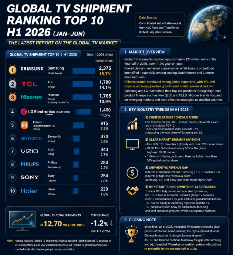 Global TV shipment rankings H1 2026