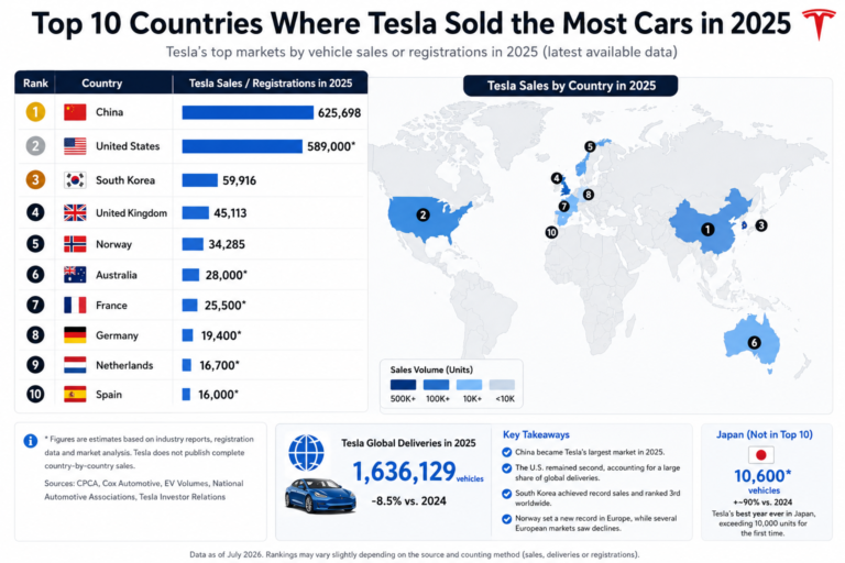 Top 10 Countries Where Tesla Sold the Most Cars in 2025
