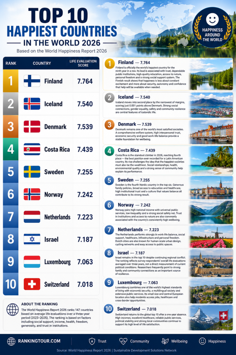 Top 10 happiest countries in the world 2026 infographic