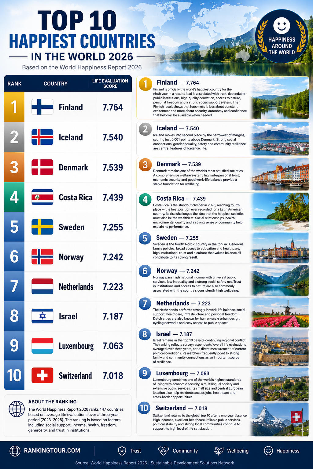 Top 10 happiest countries in the world 2026 infographic
