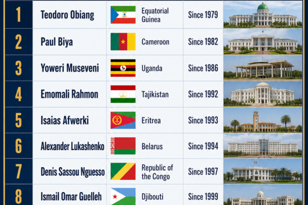 Top 10 longest-serving current non-royal heads of state in 2026 infographic