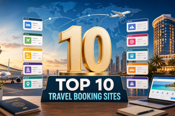 Global travel planning illustration for the top 10 hotel and flight booking websites in 2026
