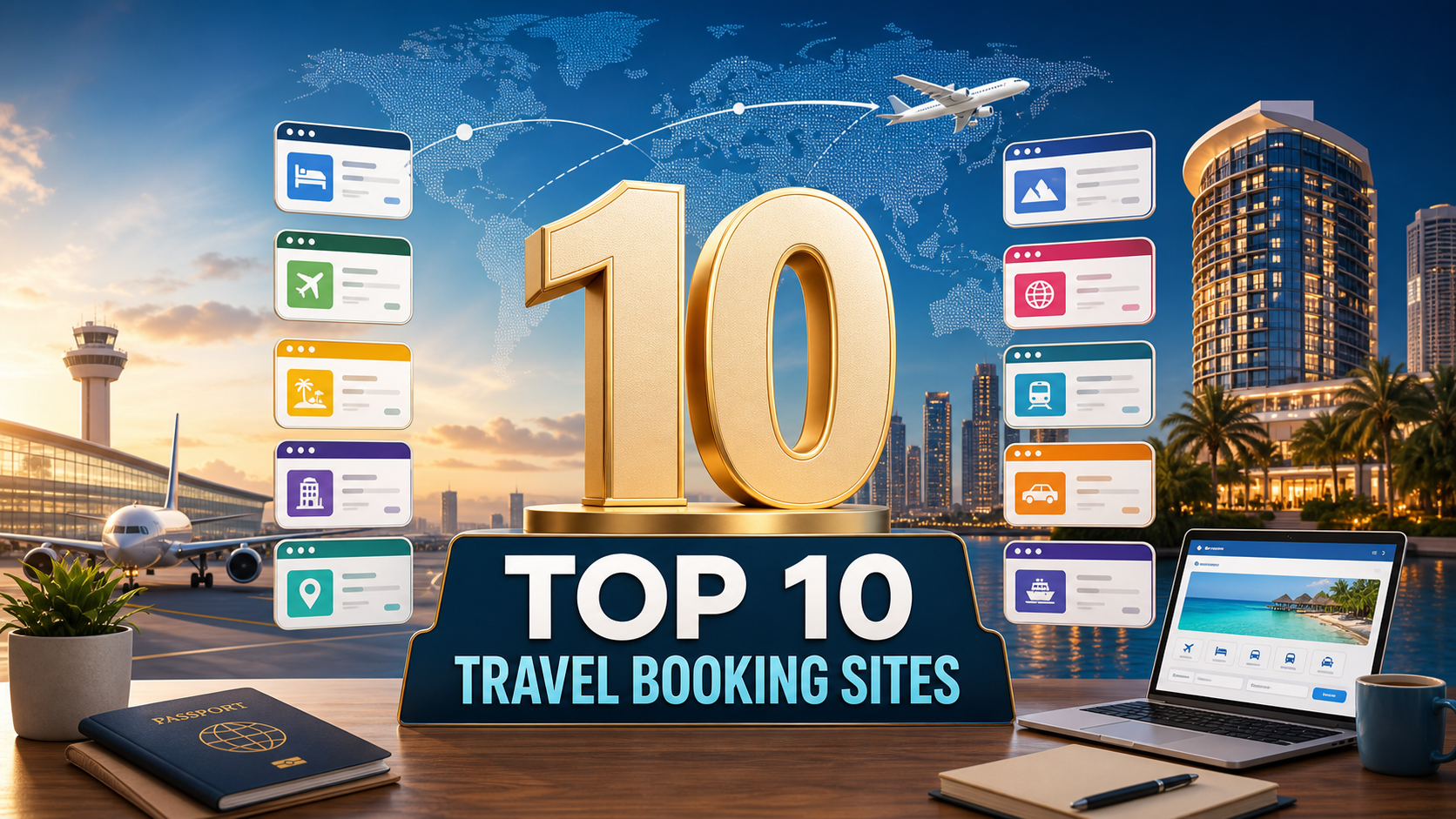 Global travel planning illustration for the top 10 hotel and flight booking websites in 2026