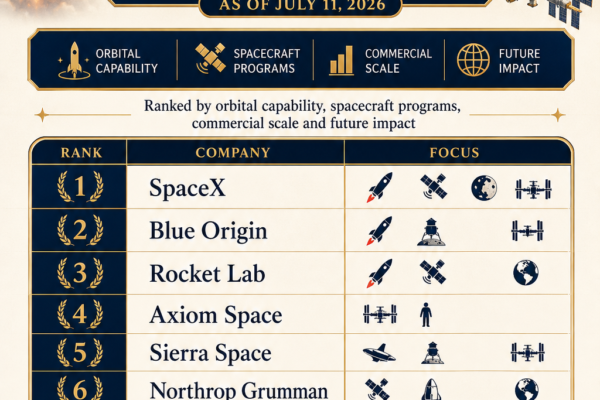 Infographic ranking the top 10 commercial spacecraft companies in 2026