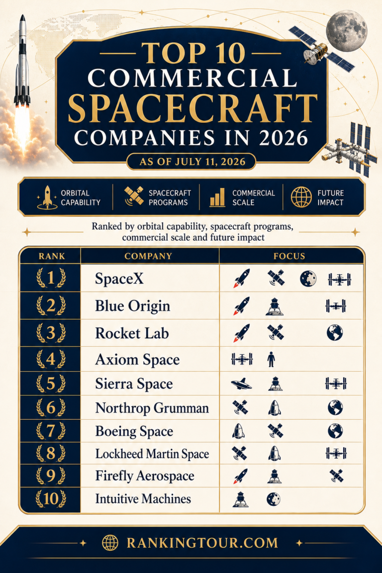 Infographic ranking the top 10 commercial spacecraft companies in 2026
