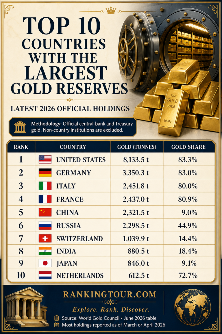 Top 10 countries with the largest official gold reserves in 2026 infographic