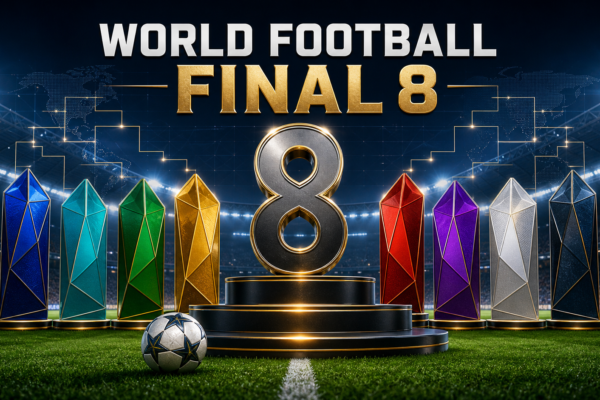 Editorial graphic representing the final eight teams in the 2026 world football tournament
