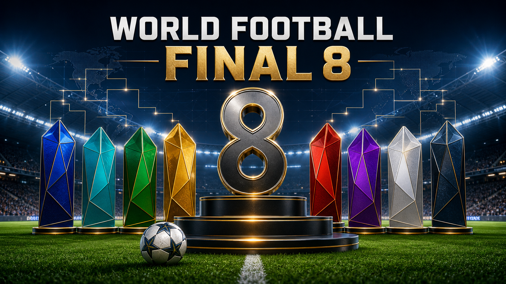 Editorial graphic representing the final eight teams in the 2026 world football tournament